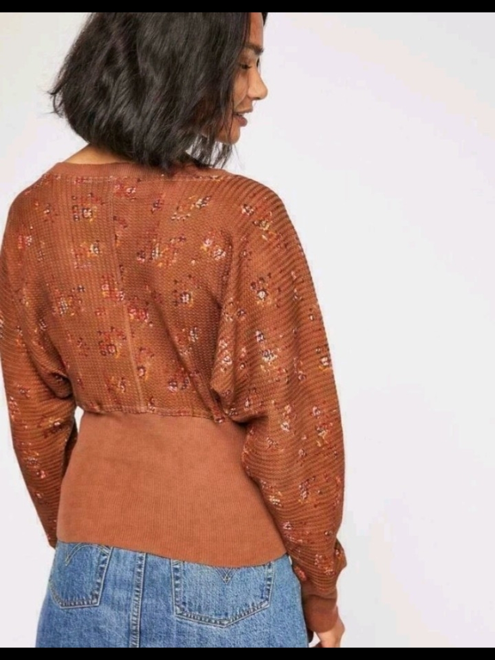 Free People Burnt Orange Floral Scoop-Neck Cropped Sweater - Picture 3 of 7